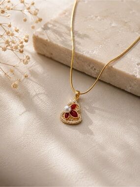 Freshwater Pearl Lucky Gourd Pendant Necklace | Red Enamel Flower｜Ss chain